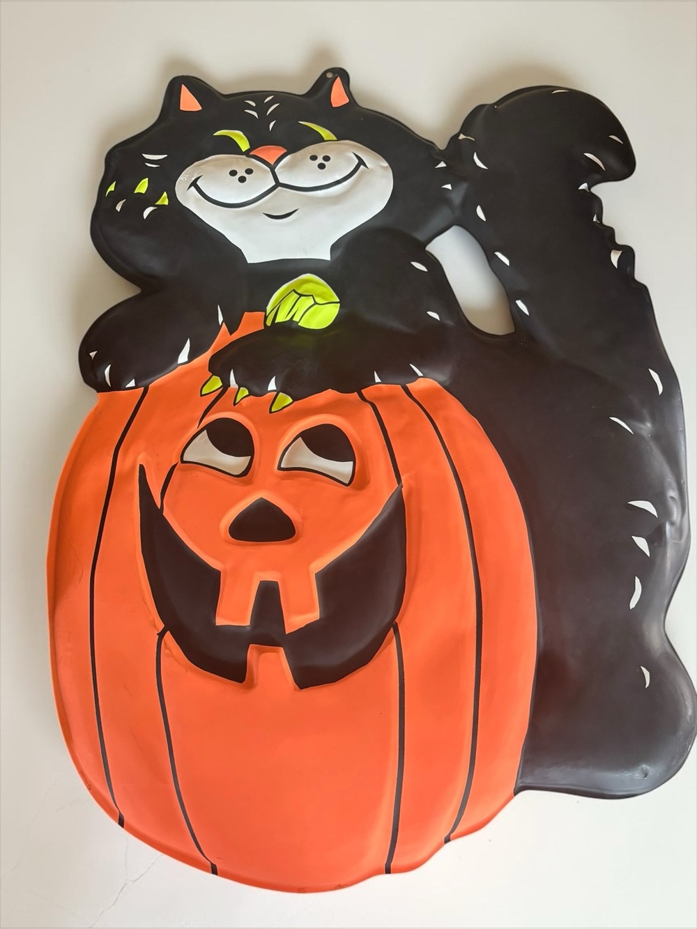 Vintage Halloween Black Cat Jack O Lantern 28" Plastic Wall Decor